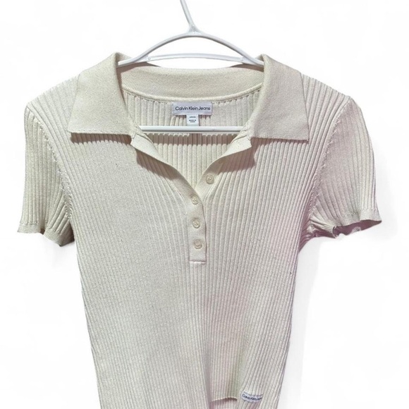 Calvin Klein Jeans Cream Ribbed Polo Button Down - Picture 1 of 2